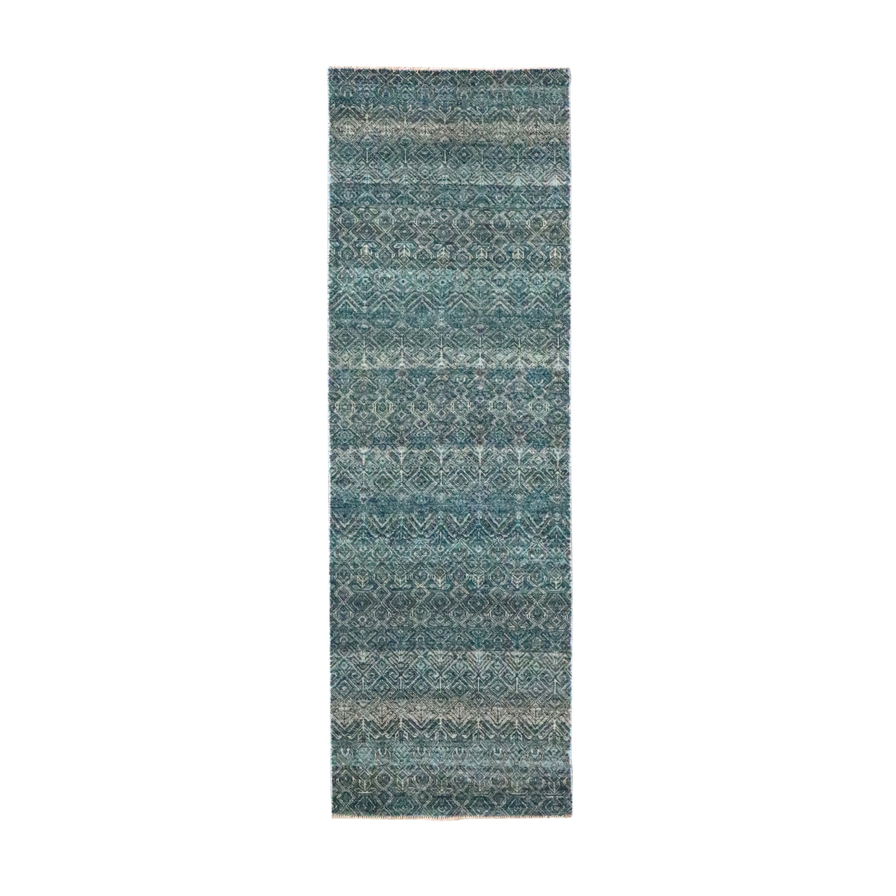 2'5"x7'7" Jasper Blue, Kohinoor Herat with Small Geometric Repetitive Diamond Design, Pure Wool, Tone On Tone, Hand Knotted, Soft To The Touch, Runner, Oriental Rug 